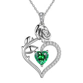 May Emerald Heart Birthstone 3D Flower Rose Necklace Pendant - Necklaces - Aurora Tears